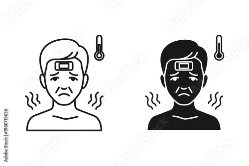Person feeling sick with thermometer and heatwaves, fever symptom icon