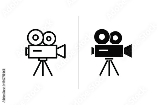 Vintage movie camera icon on tripod, classic film equipment symbol