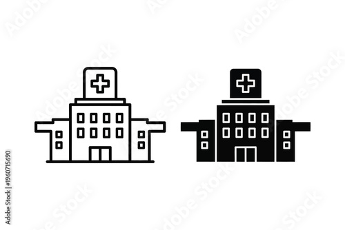 Modern hospital building icon with cross symbol, clean and minimalist vector art