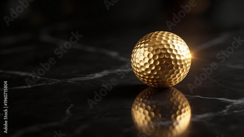 Golden golf ball on black marble surface with elegant light reflection