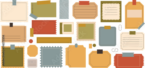 Vintage Scrapbook Elements Vector Set Featuring Retro Paper Tags Ribbons Frames Notebook Pages and Junk Journal Decorative Stickers