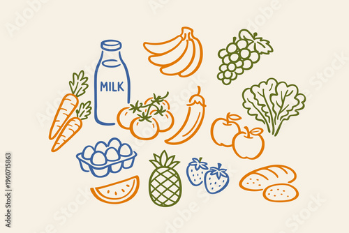 Collection of fresh farm produce and dairy items, including colorful fruits, vegetables, eggs, and milk, perfect for healthy eating and grocery shopping themes