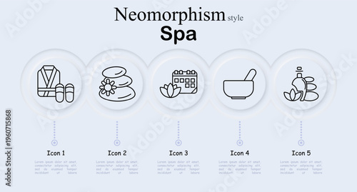 Spa set icon. Bathrobe with slippers, stacked massage stones with flower, calendar with lotus symbol, mortar bowl with pestle, aroma bottle with leaves beside stones