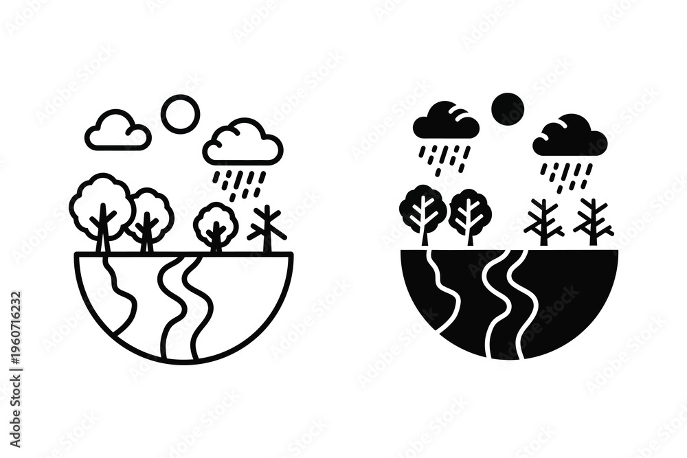 Naklejka premium Climate Change and Environment Weather Cycles Icon Set in Line and Solid Art