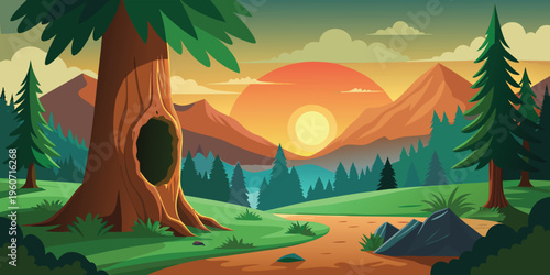A minimalist flat vector landscape featuring a giant sun rising over a range of purple mountains
