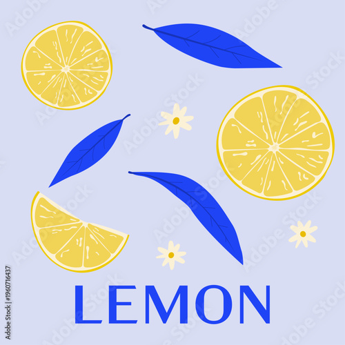 Lemon slices with blue leaves modern flat illustration