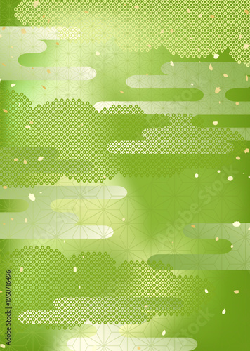 抹茶とミルクのようなグラデーションと伝統的な模様を合わせた和風背景イラスト