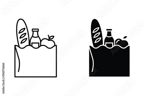 Grocery Bag Icons with Fresh Food Bread Milk and Fruit Illustration