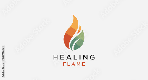 Modern abstract logo design featuring a stylized healing flame and green leaf graphic, representing nature, wellness, and energy.