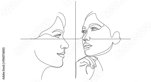 Minimalist Continuous Line Art of Two Female Faces Interacting, Divided by Crosshairs, Abstract Beauty and Connection