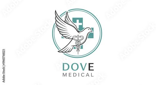Modern healthcare symbol with a flying dove carrying a caduceus, integrated into a medical cross and circle design. Health and wellness concept graphic.