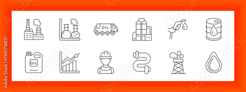 Oil industry and energy line icons set with refinery, fuel truck, barrel, production and petroleum elements