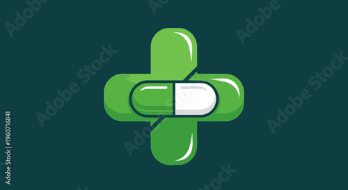 Green medical cross and pill illustration, symbolizing health, pharmacy, medicine, healthcare, and pharmaceutical care