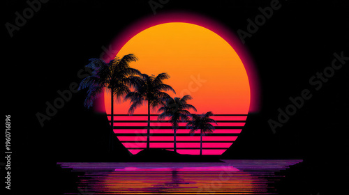 Retro sunset of 80s or 90s. Background of sun for cyberpunk, disco of 80 s and sunrise in miami. Set of neon gradient graphic for summer logo. Futuristic icons for flyer, music and shirt. Vector.