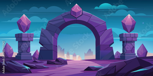 A minimalist flat vector illustration of a majestic mountain range during a vibrant golden sunset