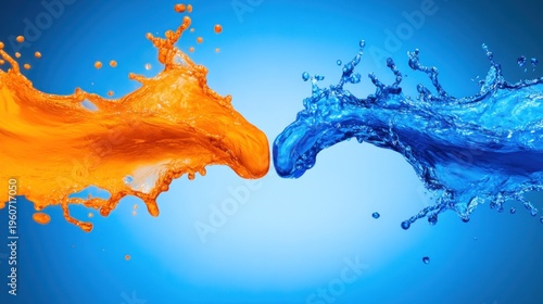 Orange and blue paint splashes collide on a light blue background