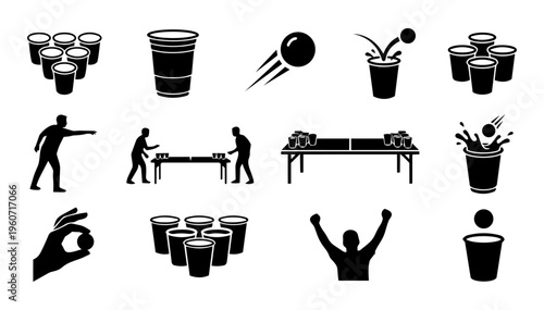 Beer Pong Silhouette Icons Set – Party Game, Cups, Ping Pong Ball and Drinking Game Collection