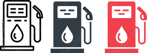 Gas station fuel pump icons set with outline solid and colored styles for petrol diesel energy service and automotive industry flat vector illustration.