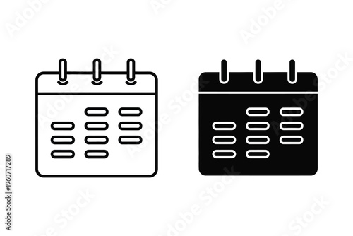 Simple Daily Calendar Page Icon with Dates in Outline and Solid Black Styles - Scheduling