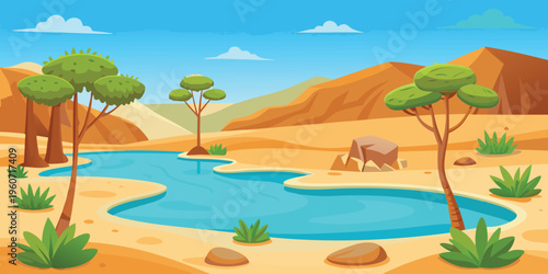 A vibrant digital illustration of a majestic mountain range during a serene and golden sunset hour