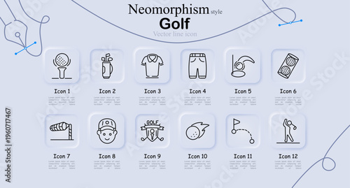 Golf set icon. Ball tee, golf bag, polo shirt, shorts, swing motion, score card, wind sock, player face, course sign, flying ball, flag hole, golfer action line icons