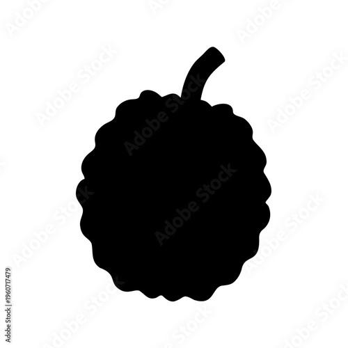 Black silhouette of a whole lychee fruit with stem on white