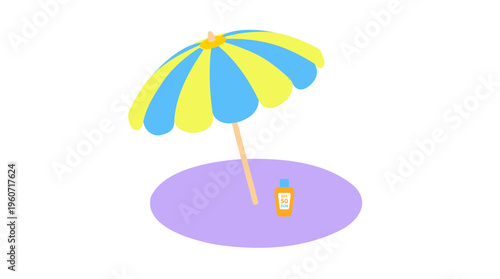Sunscreen bottle, beach umbrella on ground, SPF 50 protection for summer vacation, skincare. Bright flat vector illustration isolated on white.