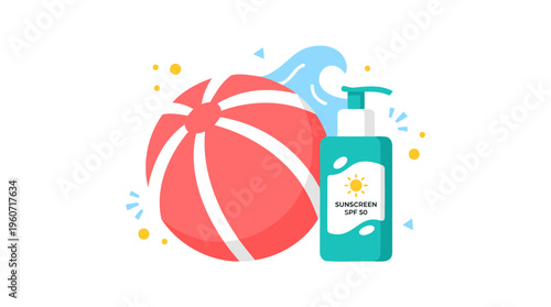 Sunscreen Beach Ball, Summer Beach Protection, Skincare Health. Flat Vector Vibrant Illustration, SPF 50.