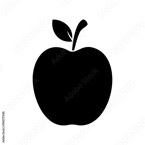 Stylized illustration of a single black apple with leaf on white background