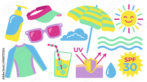 Sunscreen Beach Essentials Kit with Colorful Flat Lay, UV Protection Icons, and Summer Skincare Elements in Modern Flat Cartoon Style with Bright Pastel Palette Isolated Vector Graphic