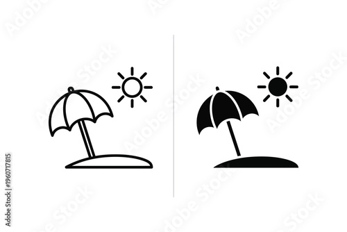 Beach umbrella and sun icon, representing vacation and summer relaxation