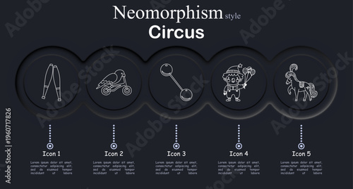Circus set icon. Neomorphic dark interface circles with line symbols of juggling clubs, parrot bicycle act, balance baton sticks, clown performer balloons, circus horse show
