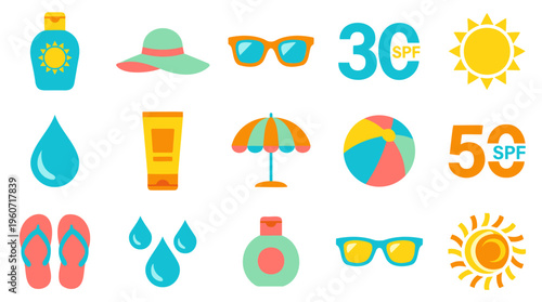 Sunscreen Summer Icons, Beach Vacation Essentials, UV Skin Protection, Flat Colorful Vector Isolated Graphics