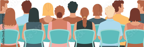 Large group of diverse people audience sitting on blue chairs from back view for cinema theater seminar conference presentation hall flat vector illustration.