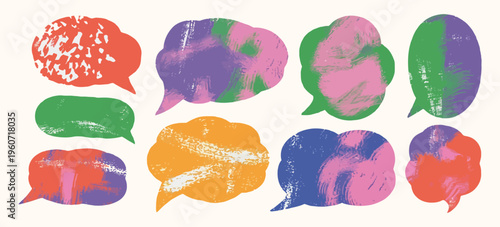 Halftone Risograph Speech Bubbles with Distressed Overlay Texture, Grainy Ink Dotted Effect, Colorful Graffiti Street Style Background with Copy Space for Text, Vintage Urban Stencil Print Design