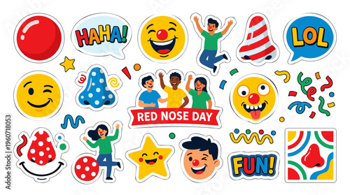 Red Nose characters, happy people, emojis, smiling, celebrating, confetti, charity, fun, awareness, cartoon, flat, vibrant, sticker pack, vector illustration.