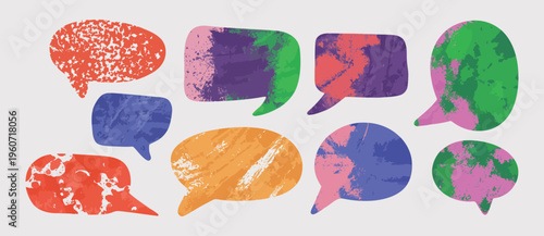 Halftone Risograph Speech Bubbles with Distressed Overlay Texture, Grainy Ink Dotted Effect, Colorful Graffiti Street Style Background with Copy Space for Text, Vintage Urban Stencil Print Design
