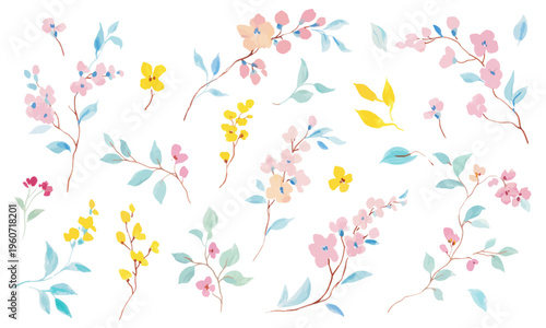 Watercolor Floral Branches Set Elegant Spring Flowers Hand Painted Wedding Design Elements Vector