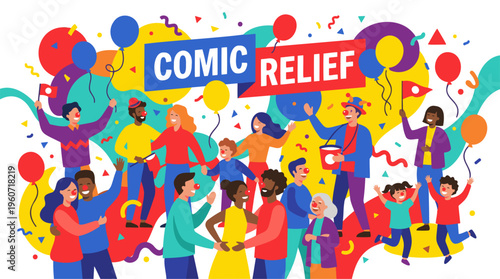 Diverse group of cheerful people wearing Red Noses, celebrating a Comic Relief charity event with balloons and confetti in a vibrant flat design vector illustration on white with copy space.