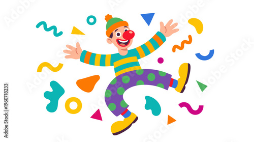 Happy Clown Red Nose Jumping with Confetti Celebration Entertainment Vibrant Flat Design Vector Illustration