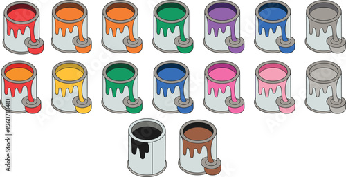 Colorful paint buckets set with dripping liquid for home renovation interior design renovation and creative art projects flat vector illustration isolated on white.