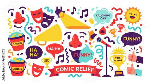 Red Noses, Comedy Masks, Microphones, Buckets: Humorous Fundraising for Comic Relief Charity Event, Vibrant Flat Cartoon Vector Art, White Background.
