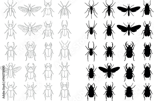 Insect silhouette icon vector illustration with decorative design, elegant entomology artwork, creative comparison composition, ornamental background pattern