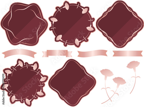 高級感のあるカーネーションのフレームと装飾セット　ボルドー＆ピンクゴールド