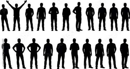 Male figures silhouettes vector illustration with diverse postures, black artwork symbolizing body language, gesture, and expressive stance themes