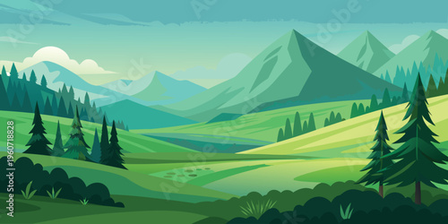 A serene minimalist landscape illustration featuring layers of blue mountains under a twilight sky