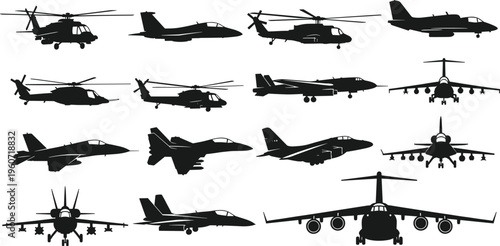 Military aircraft silhouettes collection, fighter jets and helicopters vector illustration, aviation design artwork, transport planes icons showcase