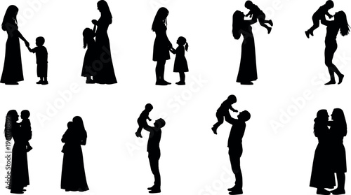 Parent and child silhouette icon vector illustration with decorative design, elegant family artwork, creative bonding composition, ornamental background pattern