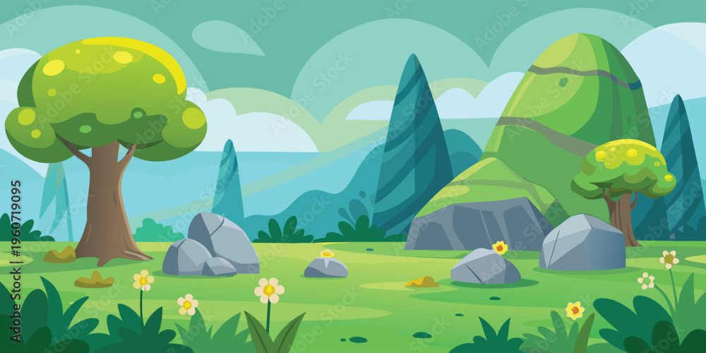 Obraz premium A vibrant cartoon landscape featuring rolling green hills trees rocks and flowers in the meadow