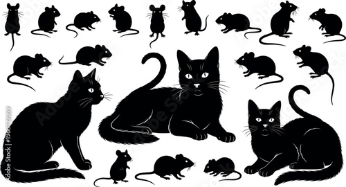 Vector illustration of cat and mouse silhouettes, predator prey interaction, diverse poses, expressive animal artwork design